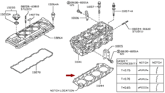 На схеме изображена прокладка ГБЦ Ниссан Кабстар (Nissan Cabstar), 0.75 мм, 11044MA70C