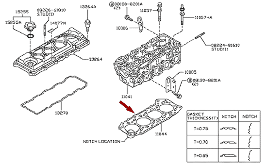 На схеме изображена прокладка ГБЦ Ниссан Кабстар (Nissan Cabstar), 0.70 мм, 11044MA70B