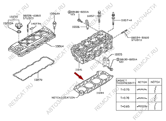 На схеме изображена прокладка ГБЦ Ниссан Кабстар (Nissan Cabstar), 0.65 мм, 11044MA70A