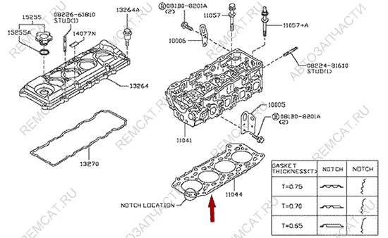 На схеме изображена прокладка ГБЦ Ниссан Кабстар (Nissan Cabstar), 0.70 мм, Китай, 11044MA70B