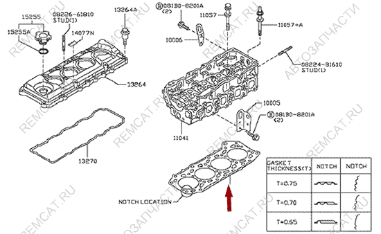 На схеме изображена прокладка ГБЦ Ниссан Кабстар (Nissan Cabstar), 0.75 мм, Китай, 11044MA70C