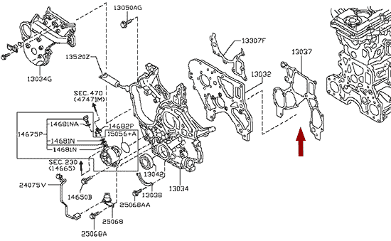 На схеме изображена прокладка передней крышки двигателя Ниссан Кабстар (Nissan Cabstar) - нижняя, 13037MA70A