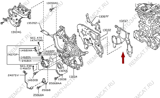 На схеме изображена прокладка передней крышки двигателя Ниссан Кабстар (Nissan Cabstar) - нижняя, Китай, 13037MA70A