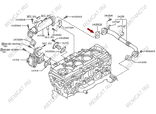 На схеме изображена прокладка трубки EGR Ниссан Кабстар (Nissan Cabstar), 14722AD200