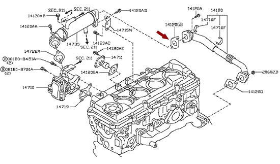 На схеме изображена прокладка трубки EGR Ниссан Кабстар (Nissan Cabstar), 14722AD200