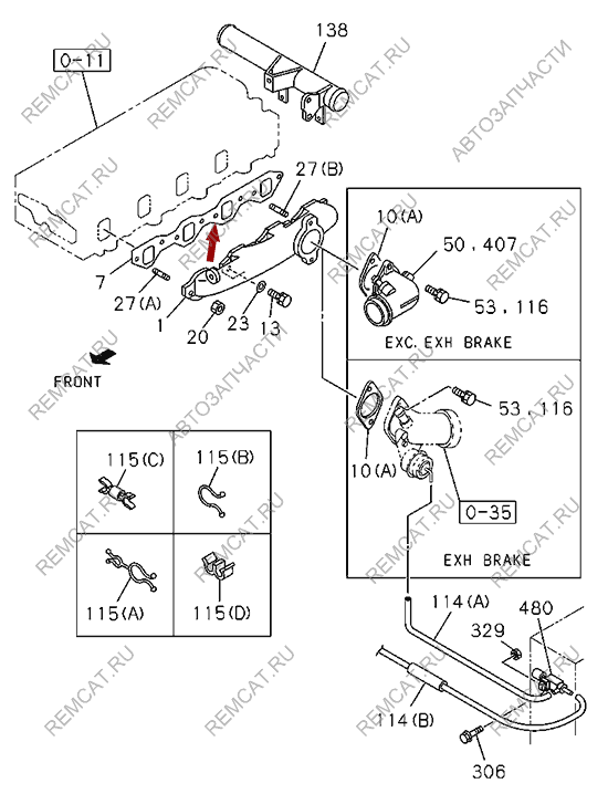 На схеме изображена прокладка впускного коллектора ISUZU NKR55, 8970667411