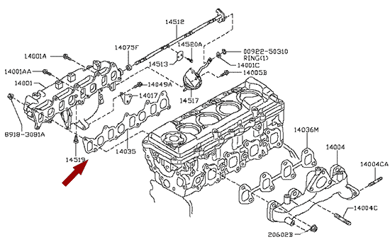 На схеме изображена прокладка впускного коллектора Ниссан Кабстар (Nissan Cabstar), 14035MA70A