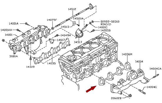 На схеме изображена прокладка выпускного коллектора Ниссан Кабстар (Nissan Cabstar), 14036VC300