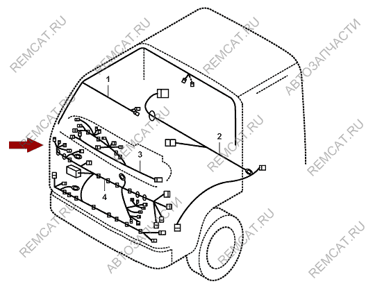 На схеме изображена проводка (жгут) кабины JMC 1051 Евро 3, в сборе, 372430091