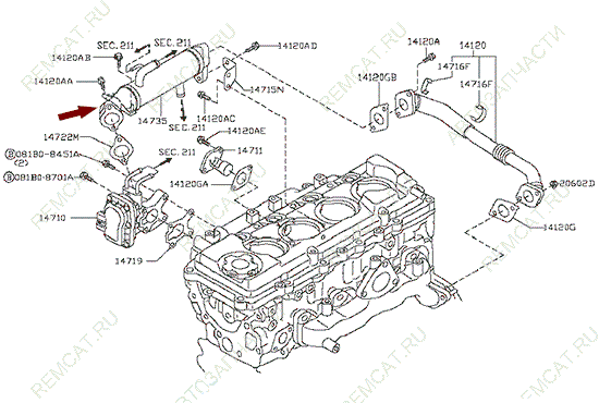 На схеме изображен радиатор (охладитель) системы EGR Ниссан Кабстар (Nissan Cabstar), 14735MA70A