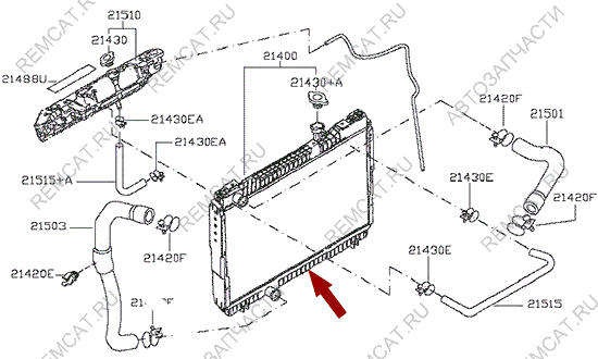 На схеме изображен Рaдиaтop oxлaждeния двигaтeля Ниccaн Kaбcтap (Nissаn Саbstаr), 21400MD41E