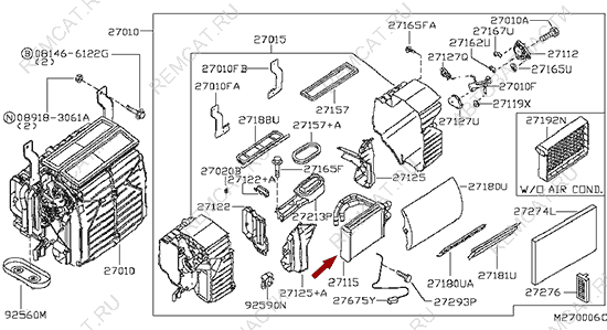 На схеме изображен радиатор отопителя (печки) Ниссан Кабстар (Nissan Cabstar), 27140MA00A