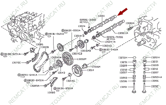 На схеме изображен распредвал Ниссан Кабстар (Nissan Cabstar) - впускной, 13001MA70A