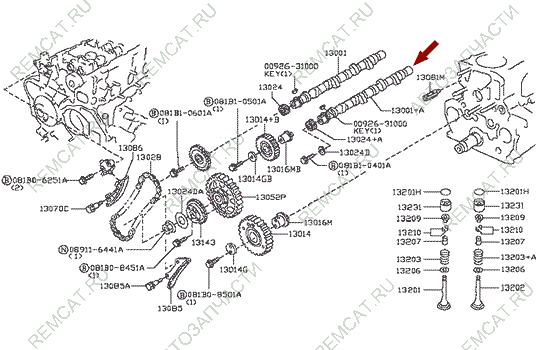 На схеме изображен распредвал Ниссан Кабстар (Nissan Cabstar) - выпускной, 13001MA71A