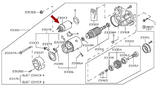 На схеме изображено реле стартера Ниссан Кабстар (Nissan Cabstar) - втягивающее, 23343VW201