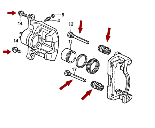 На схеме изображен ремкомплект направляющих заднего тормозного суппорта Brilliance M2, SHZ3501021