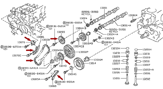 На схеме изображен ремкомплект ГРМ двигателя Ниссан Кабстар (Nissan Cabstar), Япония, 130282W200KIT