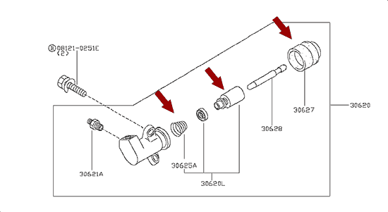 На схеме изображен ремкомплект рабочего цилиндра сцепления Ниссан Кабстар (Nissan Cabstar), 3062169F29