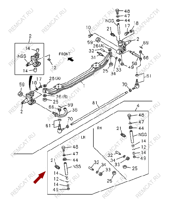 На схеме изображен ремкомплект шкворня Isuzu NQR75/NPR75, 5878322204/5878322200