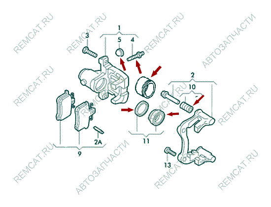 На схеме изображен ремкомплект тормозного суппорта Brilliance V5 (Бриллианс В5) - задний (поршень + резинки), SHZ3501084KIT