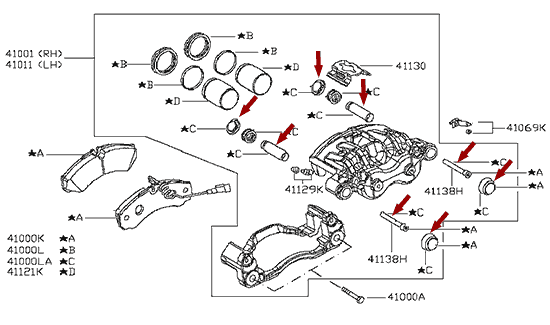 На схеме изображен ремкомплект направляющих тормозного суппорта Ниссан Кабстар (Nissan Cabstar), D4120MA000