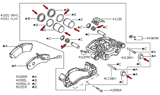 На схеме изображен ремкомплект тормозного суппорта Ниссан Кабстар (Nissan Cabstar) - передний, 41001MB20A/41011MB225