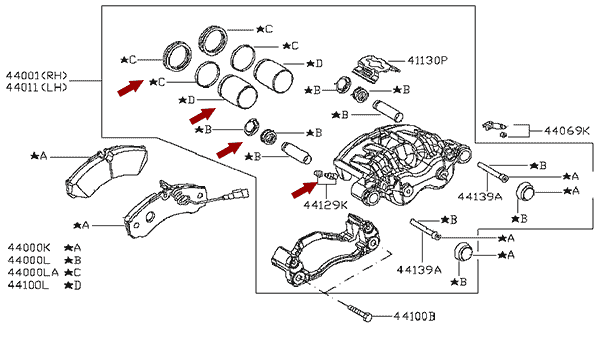 На схеме изображен ремкомплект тормозного суппорта Ниссан Кабстар (Nissan Cabstar) - задний, D4120MB40A/D4121MB40A