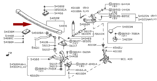 На схеме изображена рессора передняя Ниссан Кабстар (Nissan Cabstar) - двухлистовая, 540109X504