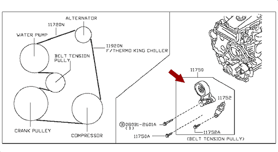 На схеме изображен ролик натяжитель приводного ремня Ниссан Кабстар (Nissan Cabstar), в сборе, 11750MA70B
