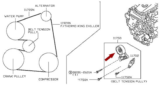 На схеме изображен ролик приводного ремня Ниссан Кабстар (Nissan Cabstar), без натяжителя, 11750MA70B