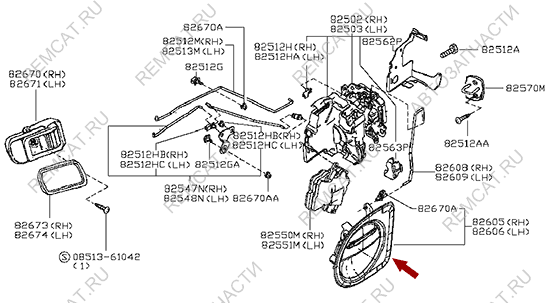 На схеме изображена ручка двери наружная Ниссан Кабстар (Nissan Cabstar) - левая, 80607MA00A