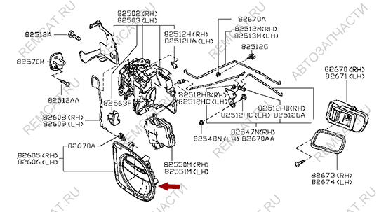 На схеме изображена ручка двери наружная Ниссан Кабстар (Nissan Cabstar) - правая, 80606MA00A