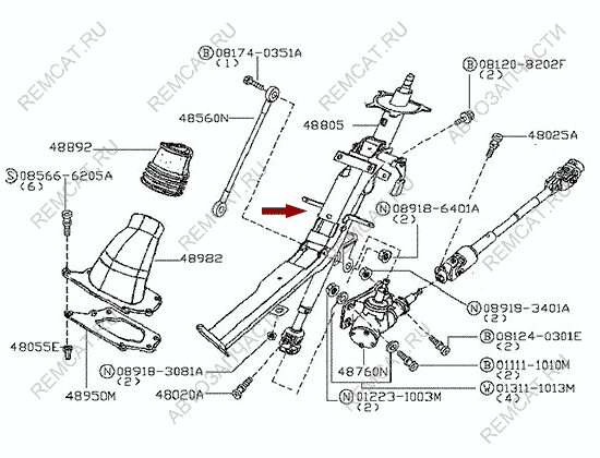 На схеме изображена рулевая колонка Ниссан Кабстар (Nissan Cabstar), в сборе, оригинал, 48805MB40B