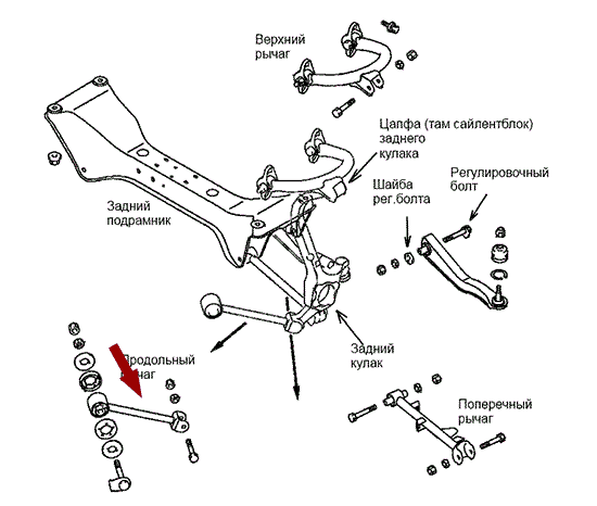 На схеме изображен рычаг задней подвески Brilliance M1, M2 - нижний продольный, 3090287