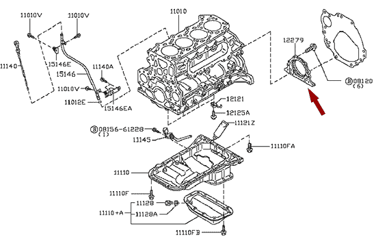 На схеме изображен сальник коленвала Ниссан Кабстар (Nissan Cabstar) - задний, 122792W201