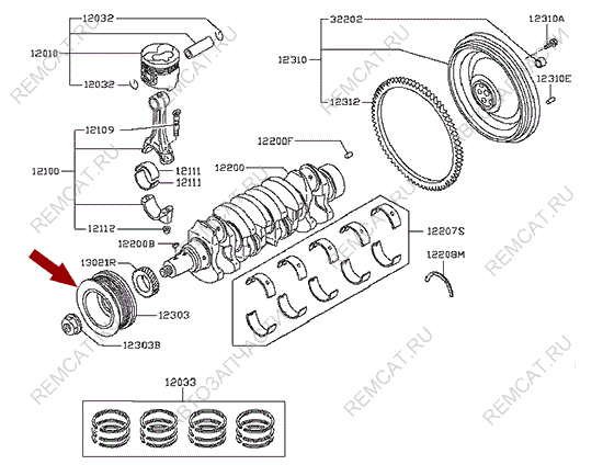 На схеме изображен шкив коленвала Nissan Cabstar (Ниссан Кабстар), 12303MA70A