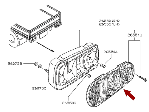 На схеме изображено стекло заднего фонаря Ниссан Кабстар (Nissan Cabstar), 265549X126