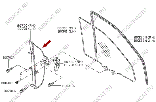 На схеме изображен стеклоподъёмник двери Ниссан Кабстар (Nissan Cabstar), без мотора – левый, 80721MA00E