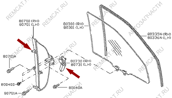 На схеме изображен стеклоподъёмник двери Ниссан Кабстар (Nissan Cabstar), в сборе - левый, 80721MA00E