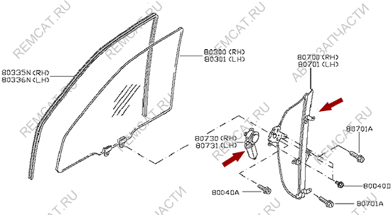 На схеме изображен стеклоподъёмник двери Ниссан Кабстар (Nissan Cabstar), в сборе - правый, 80720MA00B