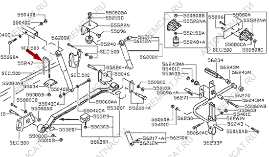 На схеме изображена стремянка задней рессоры Ниссан Кабстар (Nissan Cabstar), 55247MB40C