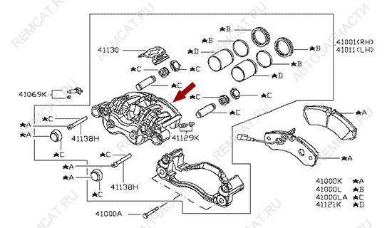 На схеме изображен суппорт тормозной (без скобы) Nissan Cabstar (Ниссан Кабстар) – передний левый, 41011MB20A