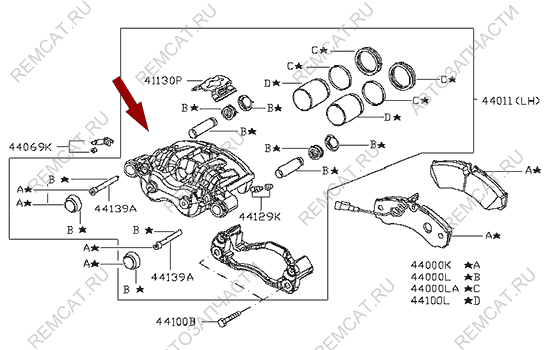 На схеме изображен суппорт тормозной (без скобы) Nissan Cabstar (Ниссан Кабстар) – задний левый, 44011MB40A