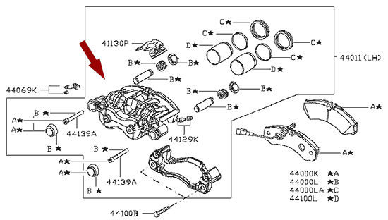 На схеме изображен суппорт тормозной Nissan Cabstar (Ниссан Кабстар) - задний левый, 44011MB40A