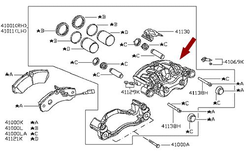 На схеме изображен суппорт тормозной Nissan Cabstar (Ниссан Кабстар) - передний правый, 41001MB20A