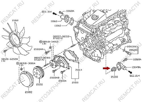 На схеме изображен термостат Ниссан Кабстар (Nissan Cabstar), 21200MA70A