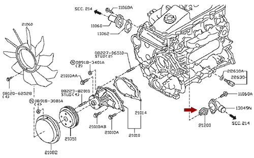 На схеме изображен термостат Ниссан Кабстар (Nissan Cabstar), 21200MA70A