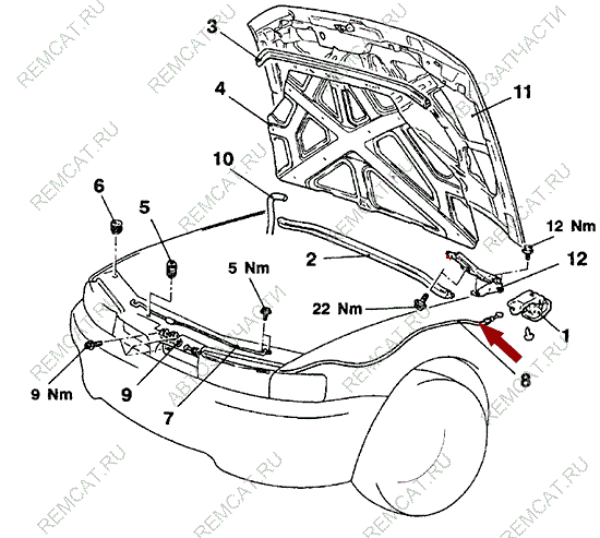 На схеме изображен трос открывания капота Brilliance M2, 3002626