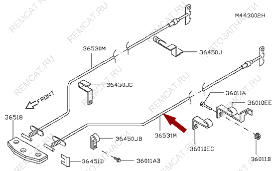 На схеме изображен трос стояночного тормоза (ручника) Ниссан Кабстар (Nissan Cabstar) - задний левый, 36531MB00C