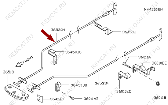 На схеме изображен трос стояночного тормоза (ручника) Ниссан Кабстар (Nissan Cabstar) - задний правый, 36530MB00C